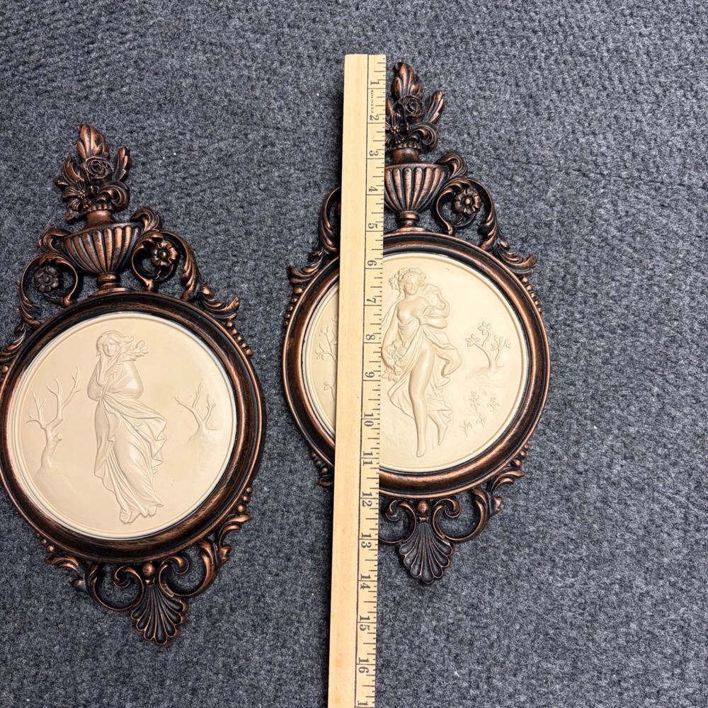 Vintage Dart Industries Plastic Ornate Wall Plaques Pair Goddess Relief Bronze - Picture 4 of 10